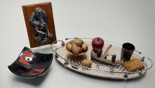 A collection of various decorative wares comprising, a small carved oak wooden bowl, five wooden