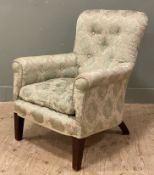 An Edwardian button-back lounge chair, roll top and scroll arms, upholstered in a floral mint-