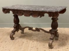A 19th century marble-topped washstand, with grey marble top over shaped apron and twin carved