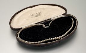 An Edwardian seed pearl graduated stand of pearls with 9ct white gold clasp fastening set three rose