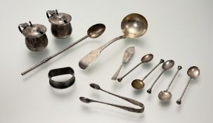 A collection of silver to include a Georgian London silver fiddle pattern sauce ladle, a pair of