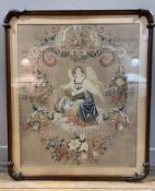 A 19th century framed tapestry panel, depicting an allegorical figure surrounded by scrolling floral