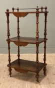 A Victorian burr walnut three-tier whatnot, gallery rail to top over three inlaid shelves, shaped