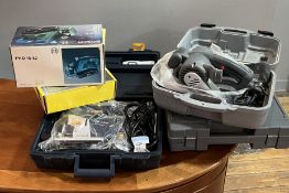 A collection of power tools consisting of Bosch electric wood plane, Performance Jigsaw, Bosch Hot