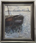 Mora du Bueue, Docked Boats, oil on canvas, signed bottom right, framed. (73cmx58cm)