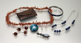 A collection of costume jewellery to include a rose coral thong necklace: l. x 27cm, a silver