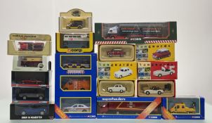 A collection of various car models comprising, a Corgi Emergency Services Trio, a Corgo Ford Transit