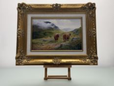 Richard Simm (British 1926-), Highland Cattle, oil on canvas, signed bottom right, in a gilt
