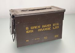 A Military metal Ammunition Smoke box, G Gren Hand Sig SMK Orange L55, with twin handles to sides