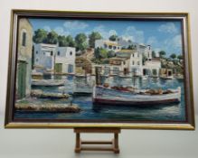 Alaiomer, Greek Island Port, oil on board, signed bottom right, framed. (37cmx58.5cm)