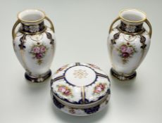 A pair of Noritake twin handle baluster vases (h-23cm) together with a lidded jar (h-10cm) all
