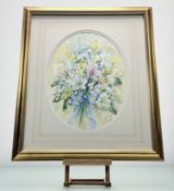 Joan M Ibbotson,A floral bunch of Helens Burn and Narcissi, watercolour, signed, part paper label