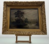 A 19thc School, Lake Landscape with bridge and castle to background, oil on panel, unsigned, in a