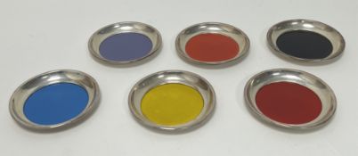 A set of six Towle sterling silver enamel centre panel wine glass coasters: d. x 9cm 186.5g