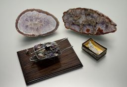 A collection of various crystals comprising, a large cut of agate with amethyst (13cmx21cm), a large