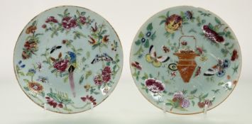 A pair of Qing Dynasty / or Later Chinese celadon famille rose plates, one with bird to centre the