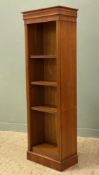 A reproduction yew open bookcase, moulded cornice over five adjustable shelves to front, flanked
