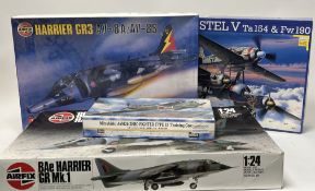 A collection of model kits comprising Airfix 1:24 Harrier GR1 Series 18, Airfix Harrier GR3 AV-8A/AV