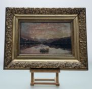 A 19thc School, Shepards Delight Sky at the Lake, with figures in boat, oil on panel, unsigned, in a