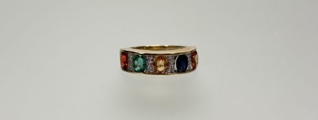 A modern 9ct gold ring set five oval coloured stone with diamond points M 3.7g