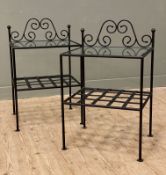 A pair of modern wrought iron side tables, scrolled top over inset glass plate, raised on tubular