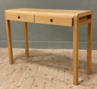 A contemporary oak console table, rectangular top with rounded edges, fitted with two frieze drawers