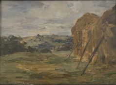 Harry MacGregor (Scottish, fl. 1894-1934), Haystacks, signed lower left, oil on canvas, framed. (