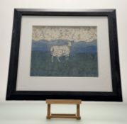 Liz Sykes (20thc School), Lamb Study print on textile, in a glazed frame. (26cmx32cm)