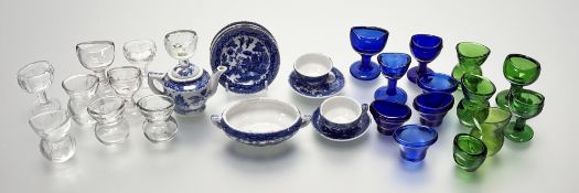 A miniature Chinese blue and white pagoda garden pattern tea service comprising, a teapot (h-7cm),