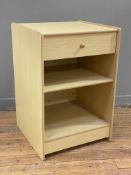 A modern faux-pine display unit, fitted with drawer to top over shelf, on a plinth base: H. 90cm