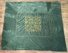 A 20thc celadon green velvet quilted bed cover with running stitch central floral and leaf panel