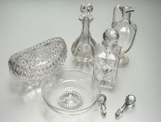 A collection of various cut crystal comprising, two misc stoppers, a cut crystal bowl (h-14cm l-
