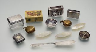 A collection of silver and white metal to include a Birmingham silver matchbox case with initials