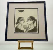 A 20thc European School, Two female side profiles one with flower in the palm of her hand, pencil