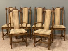 A set of six Ercol Hampton elm dining chairs, four plus two carvers, upholstered in cream and mint