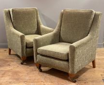 A pair of substantial country house armchairs, upholstered in green damask-style fabric with loose