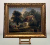 A 19thc English School, Cottage Landscape with figure, oil on canvas, in a gilt composition
