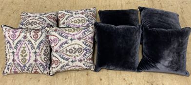 A mixed lot of cushion covers, including four geometric floral design and four in navy velvet (8) (
