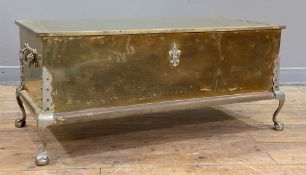 A modern brass and steel chest, rectangular top opening to reveal storage to interior, with brass