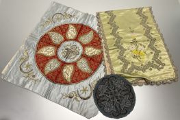 A Victorian circular bead work cover in a floral geometric design (21cmx21cm), an embroidered