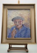 Contemporary School, Portrait of a man smoking a pipe, oil on canvas, unsigned, in a glazed