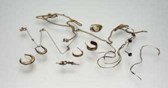 A collection of 9ct and yellow metal broken and damaged earrings, necklaces etc 7.6g