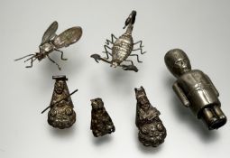 A collection of miniaure crafted metalwork figures comprising, a scorpio with red eyes, a fly with