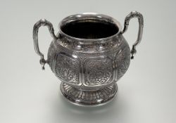 A Victorian Elkington & Co Birmingham silver two handled sugar bowl with chased lotus flower panel