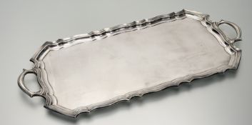 A Walker & Hall Sheffield epns scalloped two-handled drink serving tray shows signs of gentle use: