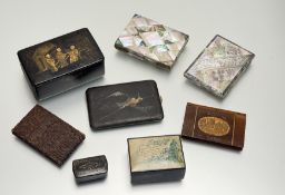 A collection of various boxes and card holders comprising, two mother of pearl card holders, one