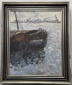 Mora du Bueue, Docked Boats, oil on canvas, signed bottom right, framed. (73cmx58cm)