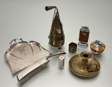 A collection of various wares comprising, a brass candlestick holder (handle loose), a travel /