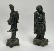 Two modern Chinese Jadeite figures, one of Guanyin modeled holding a fan, the other of a smiling
