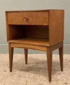 A mid-century teak bedside table, by C & J Brown of Edinburgh, frieze drawer over open shelf, raised